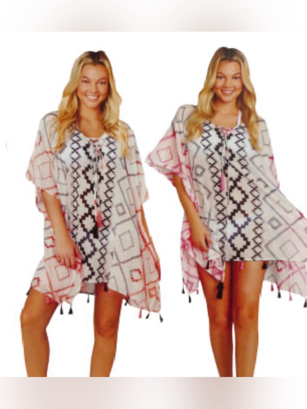 Ingear Resort White Cover-Up Kaftan Black Ponk Geometric Print tasseled Cotton‎